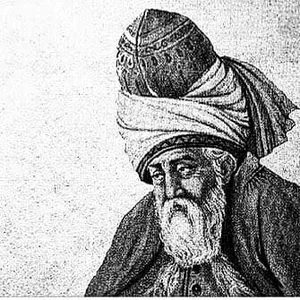 Drawn portrait of Rumi in a tall turban