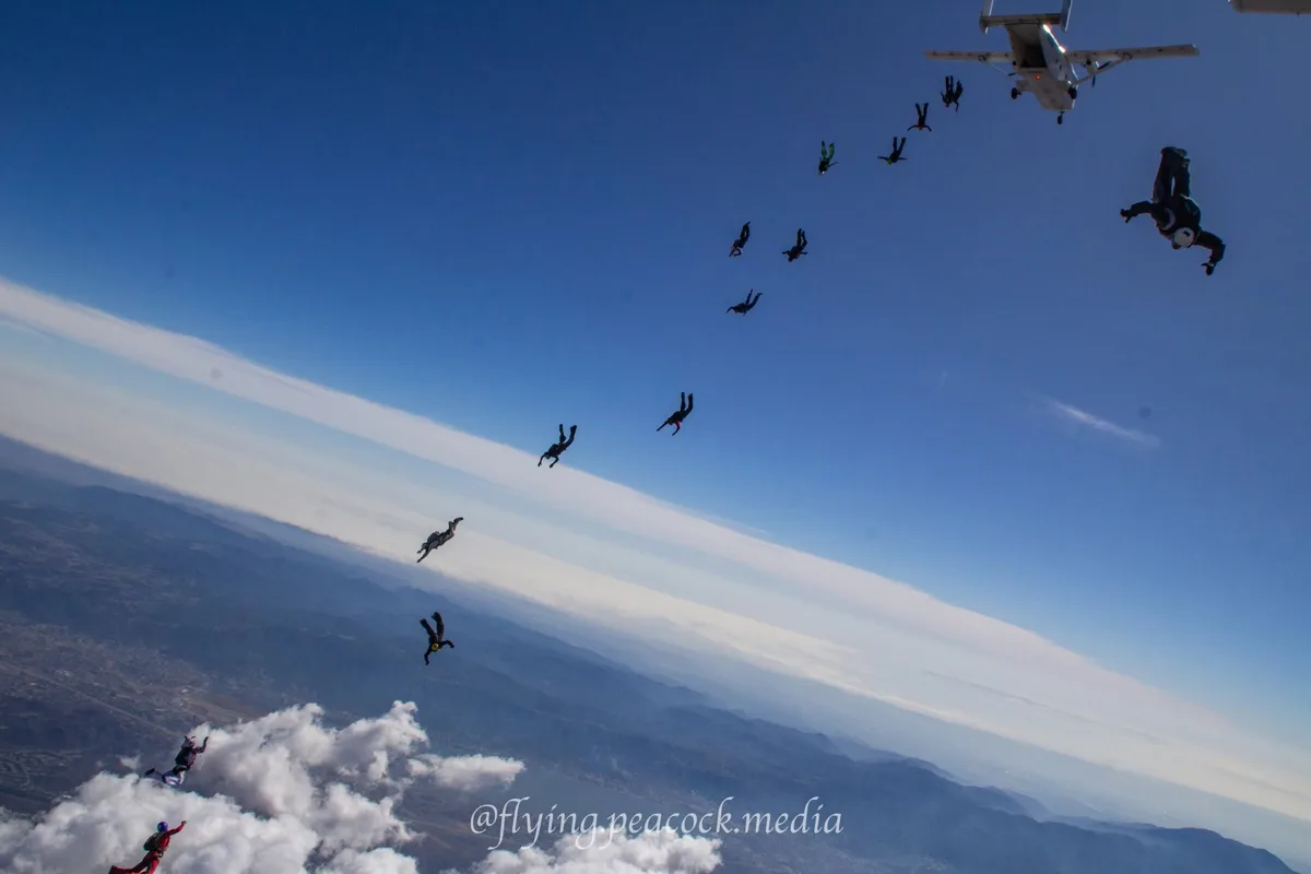 Skydivers spreading out beneath the aircraft