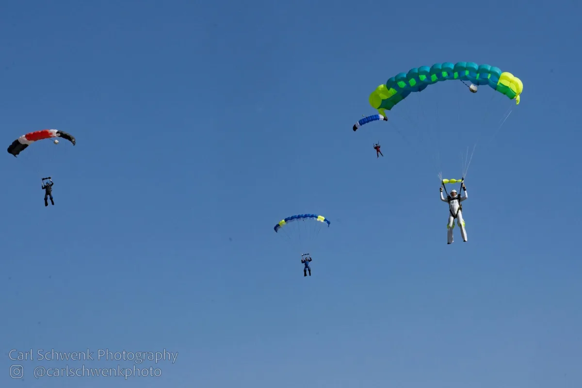 Open parachutes against the blue sky
